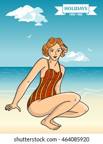 Pin-up girl on beach background. American style