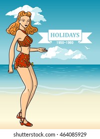 Pin-up girl on beach background. American style