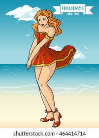 Pin-up girl on beach background. American style