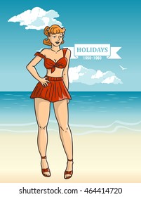 Pin-up girl on beach background. American style