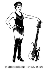 Pinup girl Posing with Electric Guitar. Rock Guitarist Woman. Black and white vector clipart isolated on white.