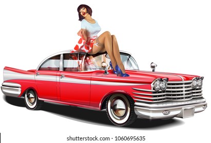 Pin-up girl and retro car isolated on white background