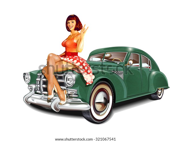 Pin Up Fille Et Voiture Rétro Isolée Image Vectorielle De Stock