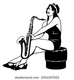 Pinup girl with saxophone sitting on a ottoman. Saxophonist woman. Black and white vector clipart isolated on white.