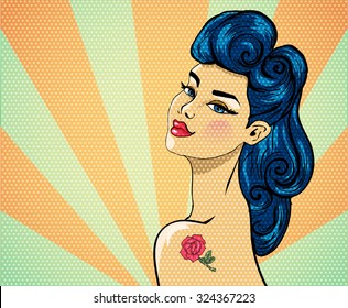 Pin-Up girl with tattoo - illustration