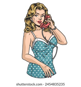 Pin-up chica elemento vintage colorido hablando en el teléfono con cable y usando seductora Ilustración vectorial de vestido de lunares