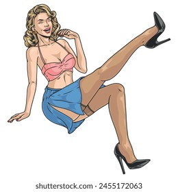 Pin-up chica etiqueta engomada vintage colorido con mujer alegre sentado en sujetador y falda y levantando la pierna hasta la Ilustración vectorial