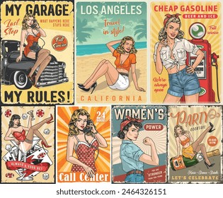 Pinup girls colorful set flyers with ads from auto mechanic garage or travel agency and women power community vector illustration