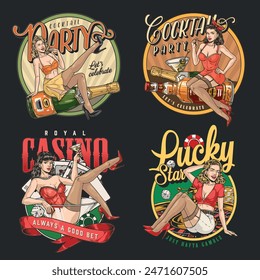 Pinup girls colorful set flyers for advertising cocktail parties and casinos on pages of magazine vector illustration