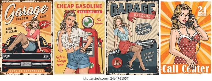 Pin-up girls colorful set posters with advertisement for car repair shop and cheap gasoline or 24-hour call center vector illustration