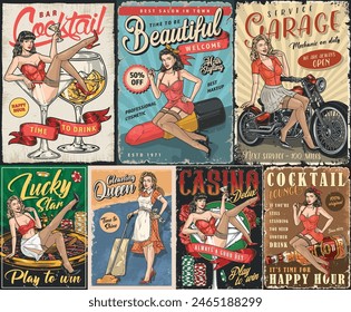 Pinup girls colorful set posters with ads cocktail lounge bar and casino or beauty salon vector illustration