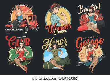 Pinup girls colorful set posters with American women from feminist club or beauty salon and army community vector illustration