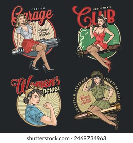 Pinup girls colorful set posters for advertising auto repair shop and cigar club or army service vector illustration