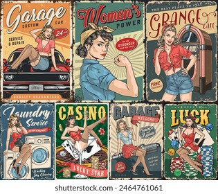 Pinup girls colorful set stickers with beauties from casino or custom car garage near women power poster vector illustration