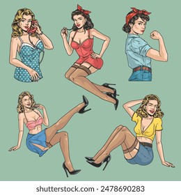 Pin-up girls colorful set stickers with attractive beauties in different poses dressed in stockings and high-heeled shoes vector illustration