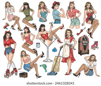 Pinup girls set labels colorful with models in beautiful clothes posing in different poses for retro calendar vector illustration