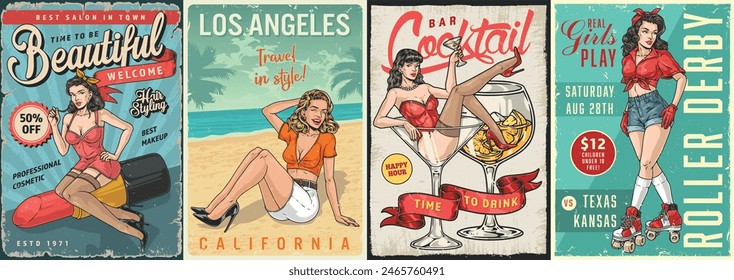 Pinup girls set poster colorful with beauties selling cosmetics or inviting to cocktail bar and roller park vector illustration