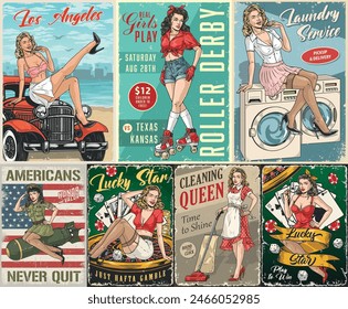 Pinup girls set posters colorful with beauties in casino or housewife with vacuum cleaner and soldier on rocket vector illustration