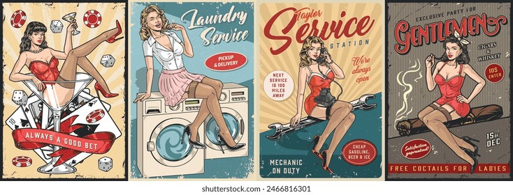 Pin-up girls set stickers colorful with advertising of casino and laundry service or gentleman club vector illustration