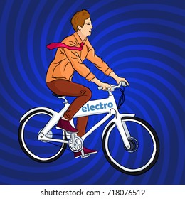 pin-up man in a tie is rushing to work is riding an electric bike