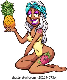 Pinup model kneeling and holding a pineapple up. Vector clip art illustration with simple gradients. All on a single layer. 
