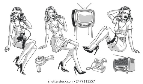 Pinup model monochrome set stickers with cute women housewives near home appliances of last century vector illustration