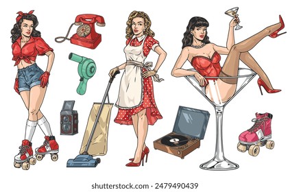 Pinup Modell Set Aufkleber Bunte Rollschuh Mädchen und Tänzerin in Glas in der Nähe Hausfrau und Haushaltsgeräte Vektorillustration