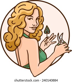 pin-up portrait of young blond woman cut leaves