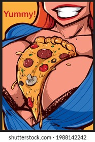 pinup red-haired girl in a blue blouse smiles with a slice of pizza says yummy poster vector illustration