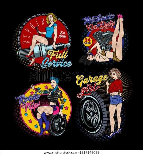 Pin-Up Rockabilly Girls Bundle.
Pin-Up Girl Illustrations. Garage Girls. Vector
Illustration.