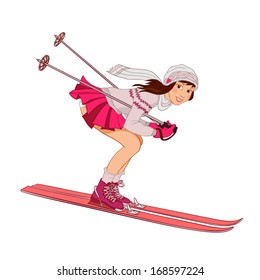 Pin-up skiing girl on a white background