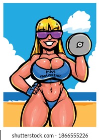 pinup sports fitness woman in sunglasses and blue swimsuit holding a dumbbell stands against the sea