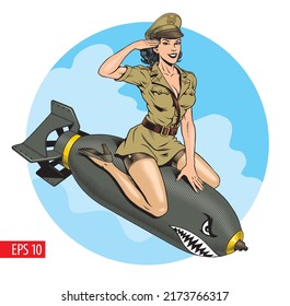 Pinup style attractive military young woman riding a bomb. Poster, print or t-shirt design. Vector illustration.