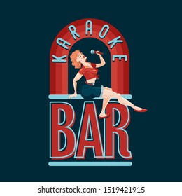 Pin-up style girl with microphone. Vintage bar emblem. Retro music party. Night club vector illustration.