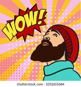 pin-up stylish guy in a red hat with a beard lifted his head and shocked