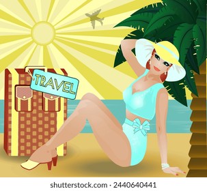 Pinup travel girl with bag,  invitation card, vector illustration