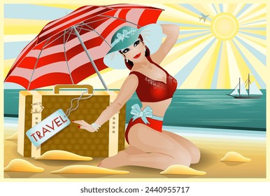 Pinup travel girl with bag, vip card, vector illustration