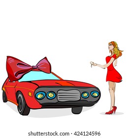 pin-up vector illustration of a girl getting a car as a gift