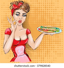 Pin-up waitress with tray in bistro cafe.  Fashion, sexy wife, hand drawn vector illustration Background