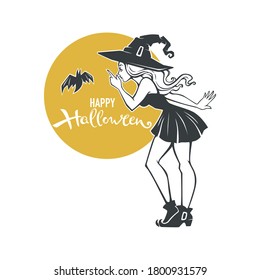 pinup witch and bat, vector halloween illustration and lettering composition