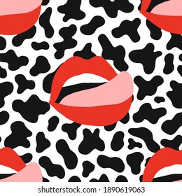 Pinup Woman Lips With Tongue Out On Cow Spots Background Seamless Pattern Red Lipstick Mouth Background Cowgirl Sexy Farm Design. Vector Illustration