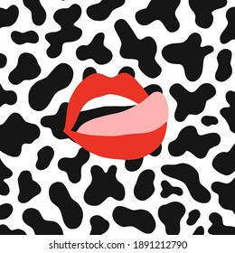 Pinup Woman Lips With Tongue Out On Cow Spots Background Vector Illustration Red Lipstick Mouth Cowgirl Sexy Farm Poster Tee Shirt Design