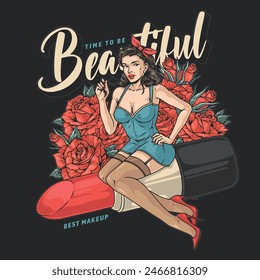 Volante vintage de la mujer de Pin-up colorido con lápiz de labios y flores cerca de chica seductora en la Ilustración vectorial de noche peignoir