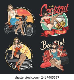 Pinup women colorful set flyers for advertising motorcycle road trips and cocktail bar or beauty salon vector illustration