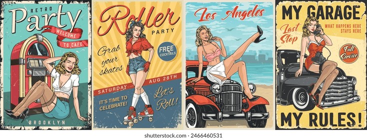 Pinup mujeres colorido conjunto de afiches de publicidad café retro y fiesta de rodillos cerca de la señora que conduce desde las vegas Ilustración vectorial