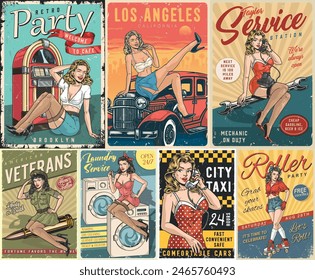 Pinup women set posters colorful with advertisement inviting to have fun or call taxi or get car repaired vector illustration