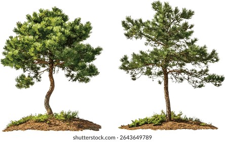 Pinus radiata and Pinus ponderosa tree isolated cutout, coniferous forest set, evergreen landscape vector illustration, forestry design, natural timber background, woodland plants.