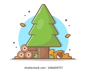 Pinus Tree with Woods and Acorn Autumn Season Vector Illustration. Happy Autumn. Autumn Vector Illustration. Flat Cartoon Style Suitable for Web Landing Page,  Banner, Flyer, Sticker, Card, Background