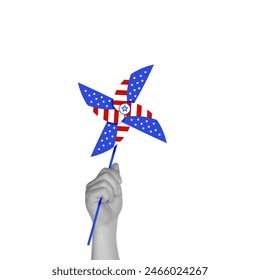 Pinwheel in American flag colors captures the joyful spirit of the day against white background. Celebration. Vector illustration. Independence Day of America, history, 4th of July, holiday