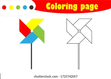 Pinwheel in cartoon style, coloring page, education paper game for the development of children, kids preschool activity, printable worksheet, vector illustration